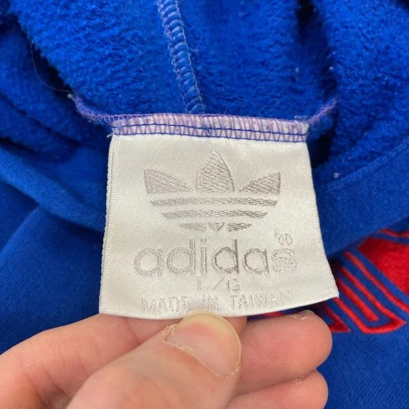 Vintage Adidas Trefoil Hoodie Mens Large Blue Red Embroidered Pullover READ - Picture 8 of 11